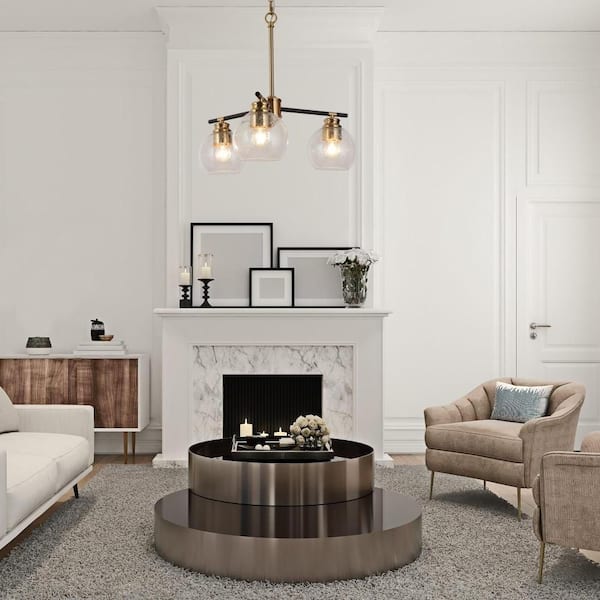 18 in. 3-Light Modern Polished Brass Chandelier, Black Kitchen Island Pendant Light, Seeded Glass Dining Room Chandelier