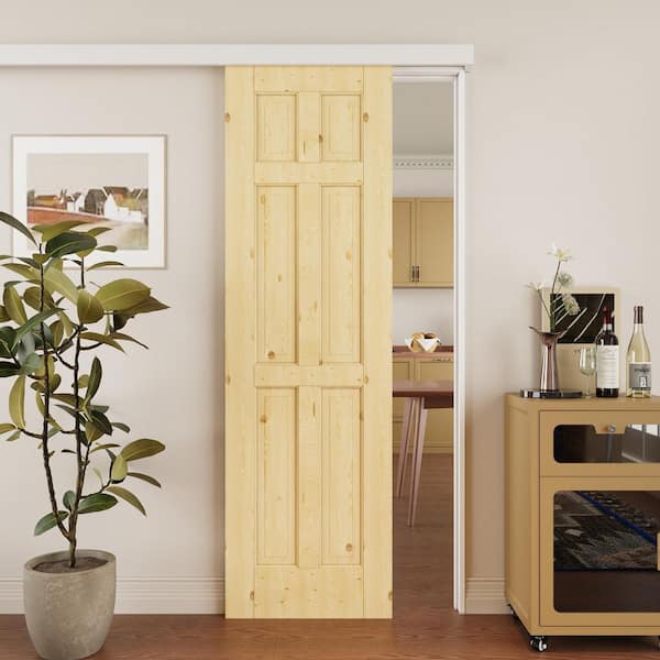 ARK DESIGN 24 in. x 80 in. Hidden Track Style 6-Panel Solid Pine Wood Unfished Sliding Barn Door with Hardware Kit