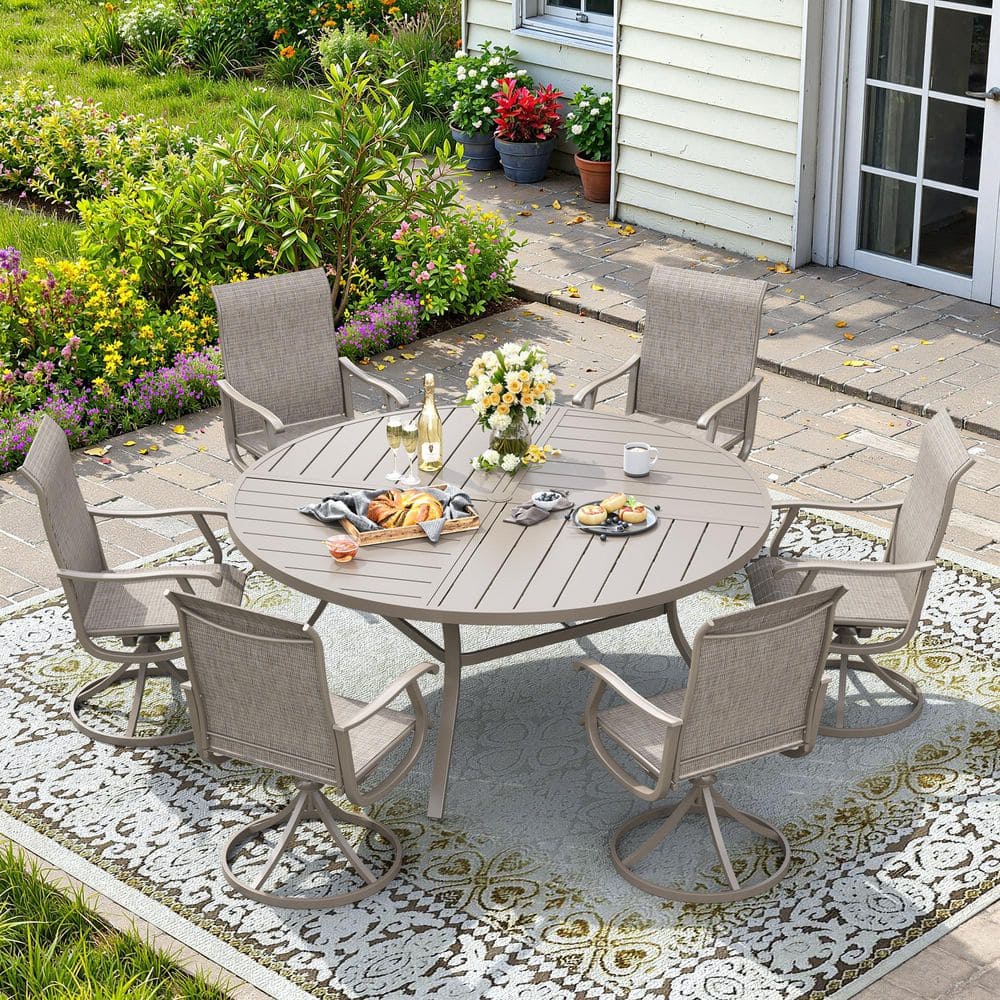 vicllax 7-Piece Metal Patio Dining Set with 53.1'' Sandshell Round