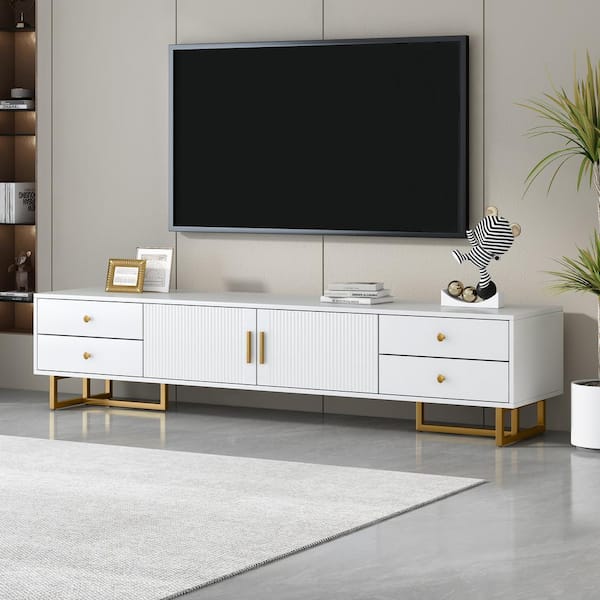 Harper & Bright Designs Modern Wave Groove Pattern White TV Stand Fits TVs up to 65 to 75 in. with Storage Drawers and Cabinet