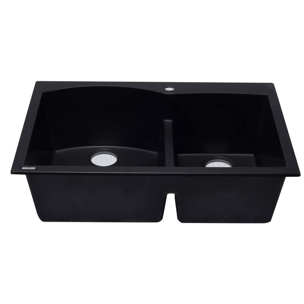 33'' Black Granite Double Bowl Drop-In Kitchen Sink