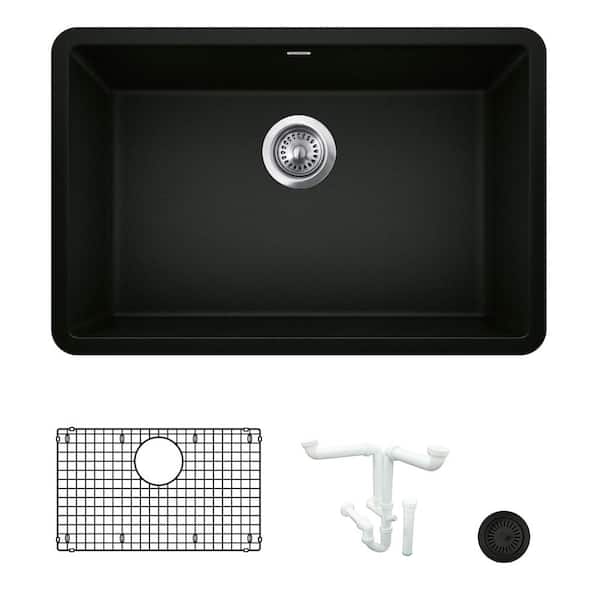 Blanco Precis 26.81 in. Undermount Single Bowl Coal Black Granite Composite Kitchen Sink Kit with Accessories