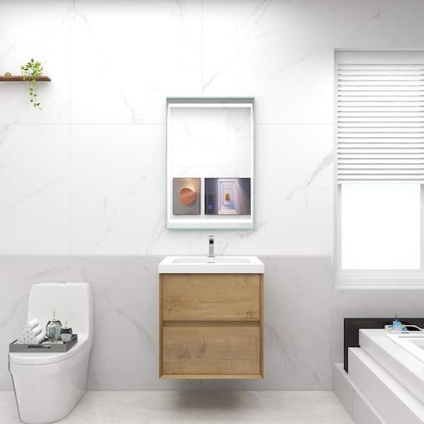 Kingdee 24 in. W x 20 in. D x 26 in. H Single Sink Floating Bath Vanity in Teak Oak with White Acrylic Top