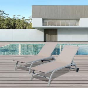 2-Pieces Aluminum Chaise Lounge Chairs with Wheels and 5 Adjustable Positions in Khaki
