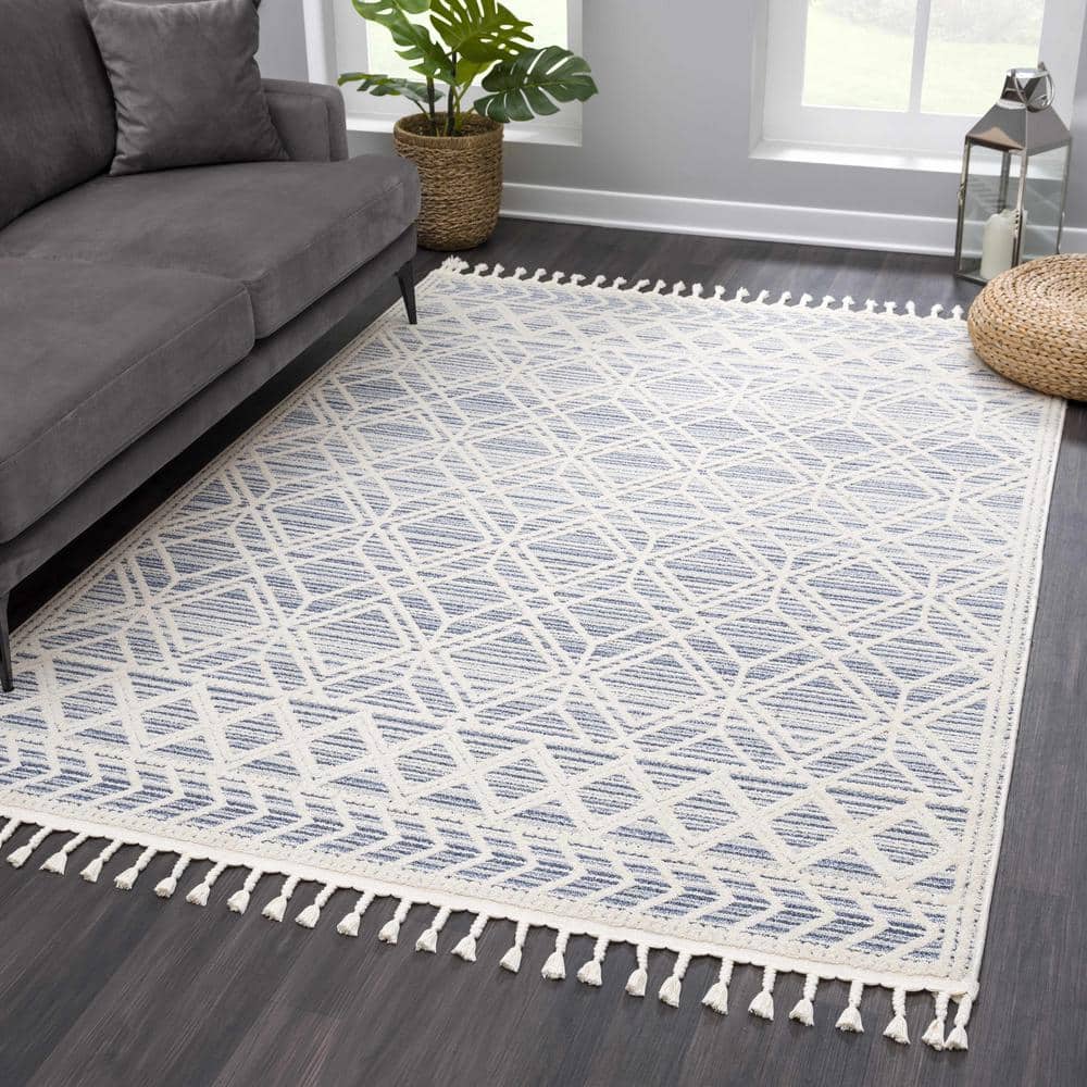 Light Blue and Cream Rectangular Synthetic Area Rug