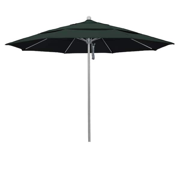 California Umbrella 11 ft. Gray Woodgrain Aluminum Commercial Market Patio Umbrella Fiberglass Ribs and Pulley Lift in Hunter Green Pacifica