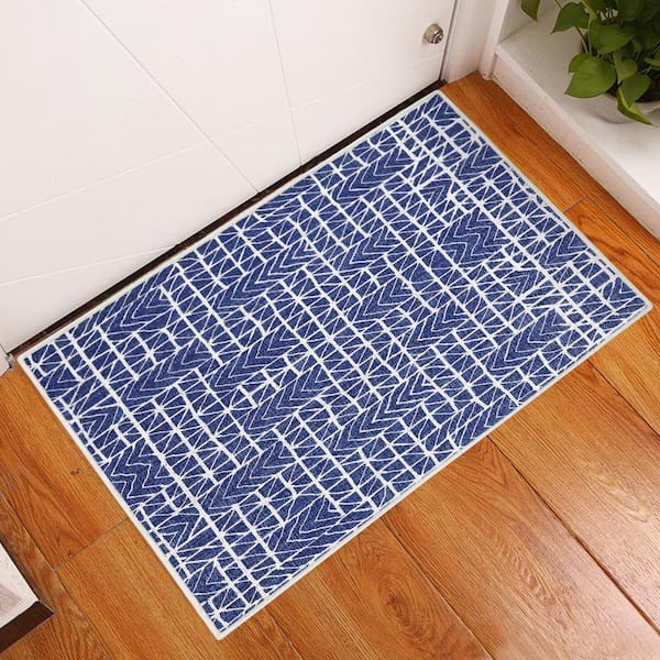 Hudson Cotton Navy 2 ft. x 3 ft. Thin Non Slip Indoor Area Rug or Front Door Foyer Rug for Entryway