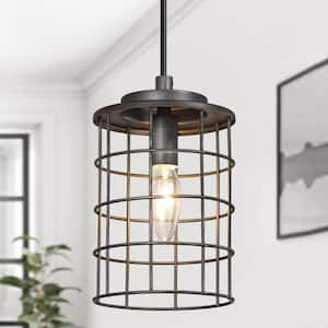 1-Light Farmhouse Industrial Rustic Gray Mini Pendant Modern Cage Foyer Hall Island Bar Pendant Light