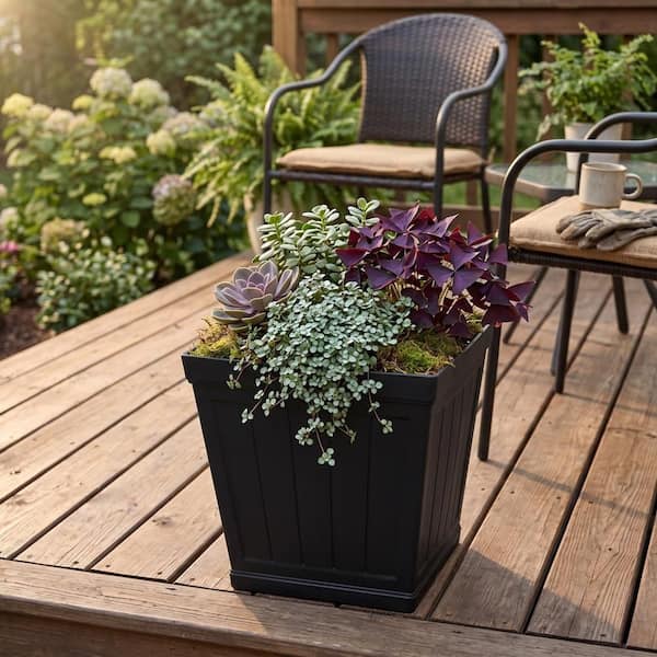Hanover Medium Black Resin Self-Watering Square Planter and All Weather Resistant (14 in. L x 14 in. W x 14 in. H)