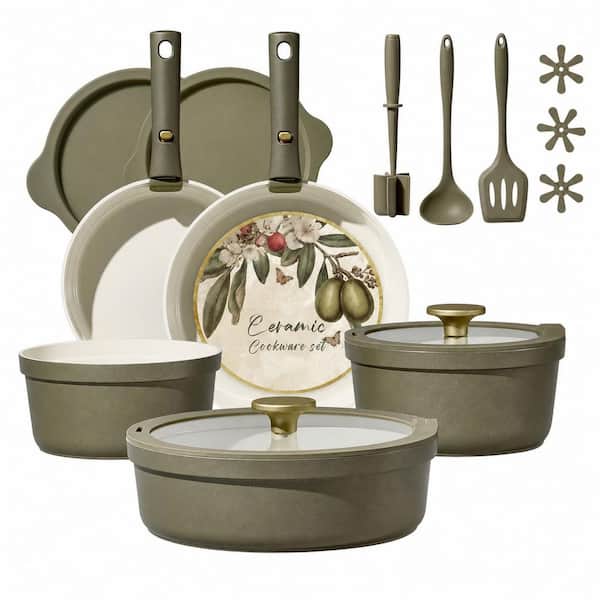 21-Piece Nonstick Ceramic Cookware Set in Olive Green, Induction Ready, PFOA PFOS Free, Dishwasher Safe
