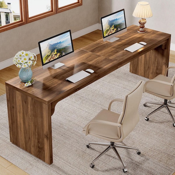 BYBLIGHT 78.7 in. Rectangle Medium Walnut Brown Wood Computer Desk