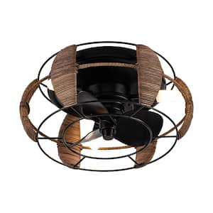 13.6 in. Indoor Matte Black Flush Mount Cage Ceiling Fan with Remote Control and DC Motor, Light Bulbs Included