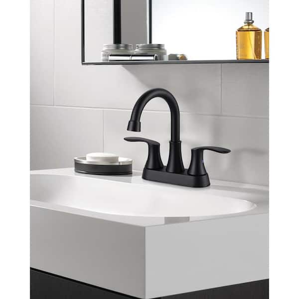 4 in. Centerset Double Handle High Arc Bathroom Faucet with Drain Kit Included in Matte Black