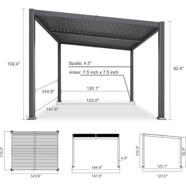 10 ft. x 12 ft. Grey Aluminum Outdoor Sloping Roof Louvered Pergola with Individual Adjustable Sunshade Roofs