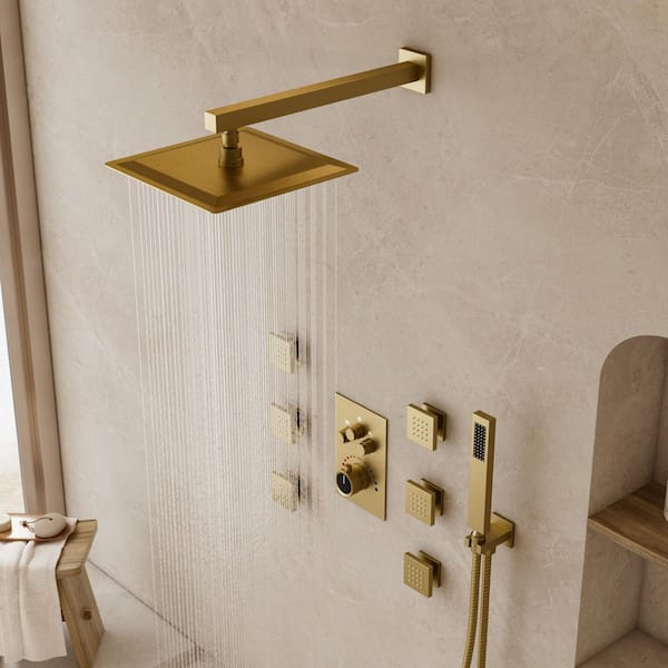 Rainspire 7-Spray 12 in. Wall Mount Square High Pressure Shower System with 6-Jets in Brushed Gold (Valve Included)