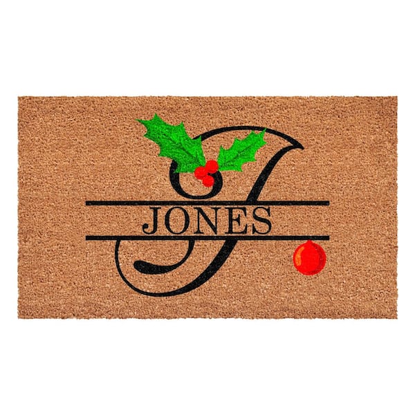 Personalized Multi-Colored Christmas Holly 48 in. x 24 in. Indoor/Outdoor Doormat, Letter J