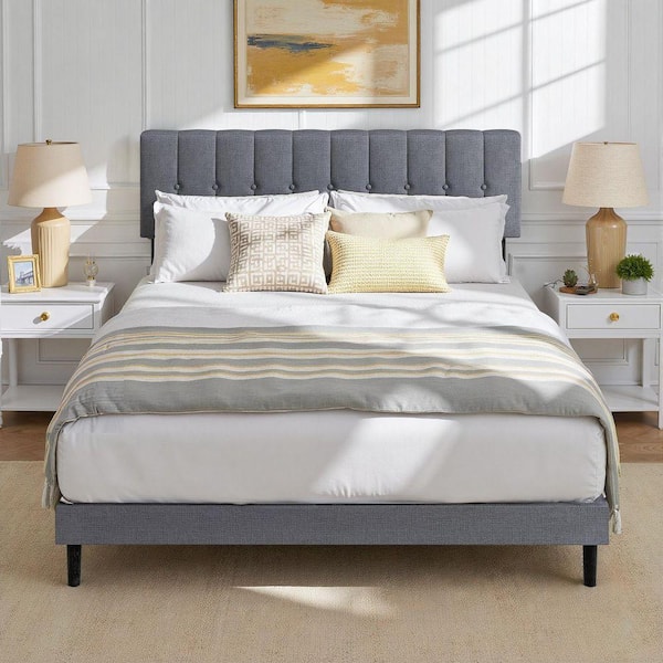 Grey Wood Frame King Platform Bed with Linen Upholstered Adjustable Headboard and 6.3 in. H Storage, 800 lbs. Support