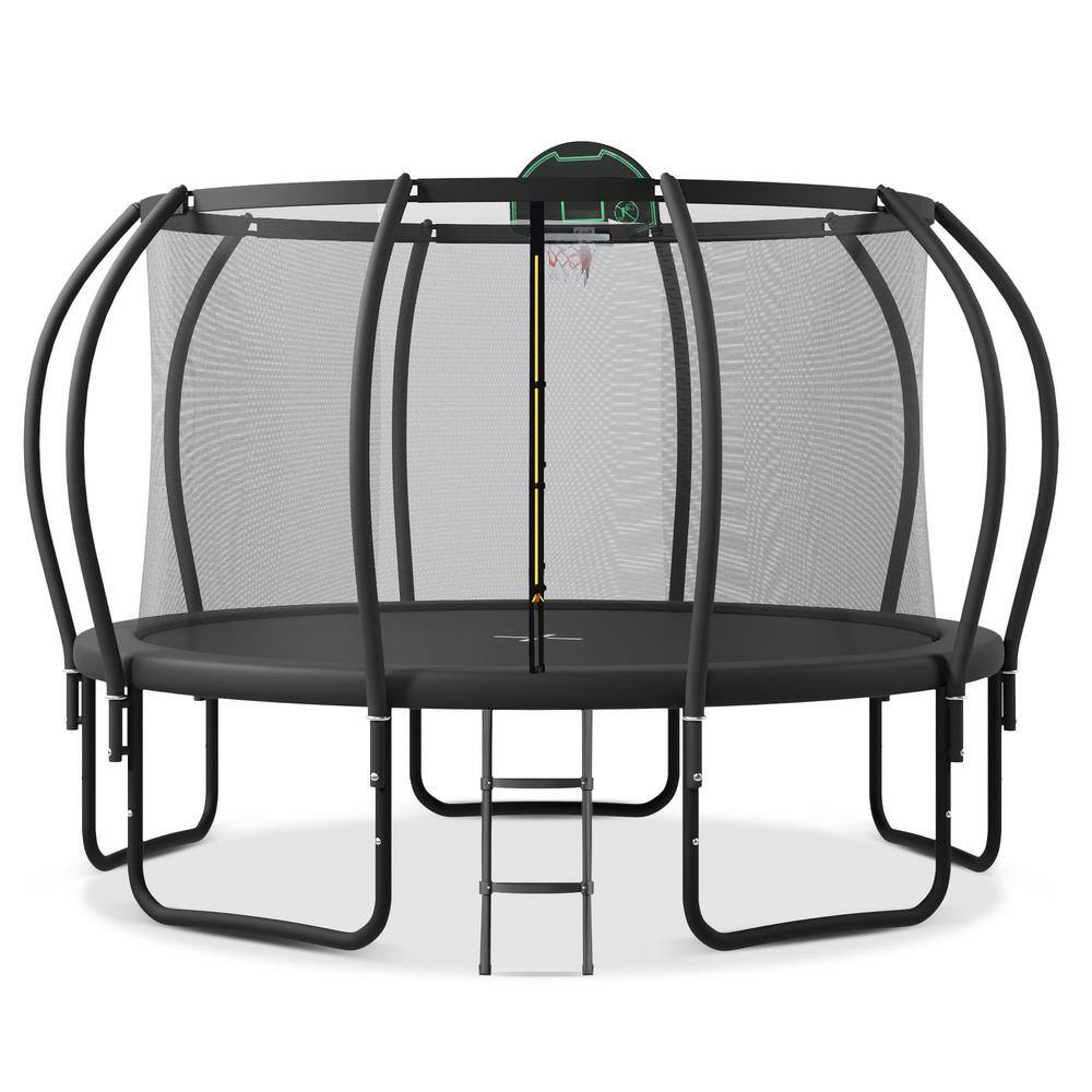 12 ft. Outdoor Leisure Play Balance Fitness Trampoline with Safety Fence, Plus Basketball Board and 10 Ground Stakes