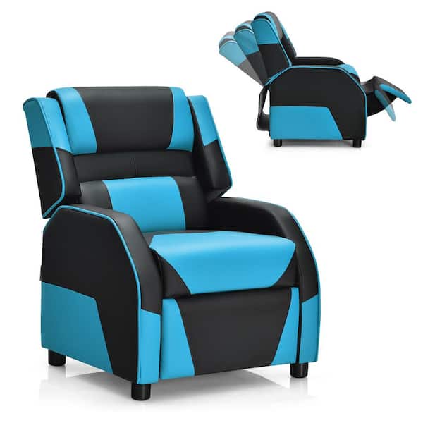 Blue Faux Leather Upholstery Kids Recliner Gaming Sofa w/Headrest and Footrest