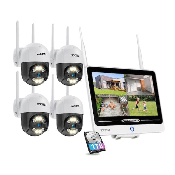 ZOSI 8-Channel 3MP 1TB NVR Wireless Security Camera System with Four 360 Pan Tilt Outdoor Cameras and 12.5 in. LCD Monitor