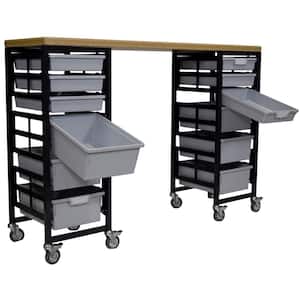 Mobile Workbench Storage Station With Wood Top -12 StorSystem Trays-Gray