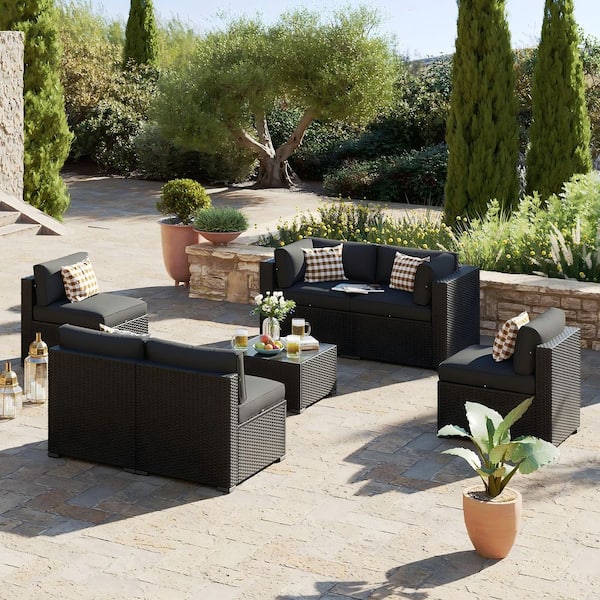 Gray 7-Piece Wicker Rattan Outdoor Sectional Patio Conversation Set with Black Cushions, Coffee Table and Set Cover