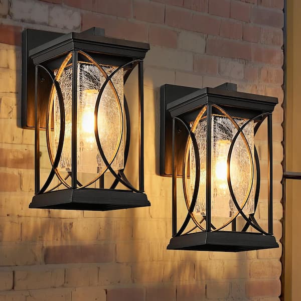 14 in. 1-Light Modern Black Hardwired Outdoor Wall Lantern Sconce with Clear Crackled Glass, IP65 Waterproof (2-Pack)