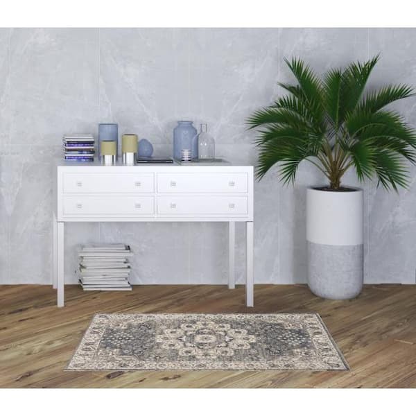Grey and Ivory 3 ft. x 5 ft. Oriental Power Loom Non Skid Area Rug
