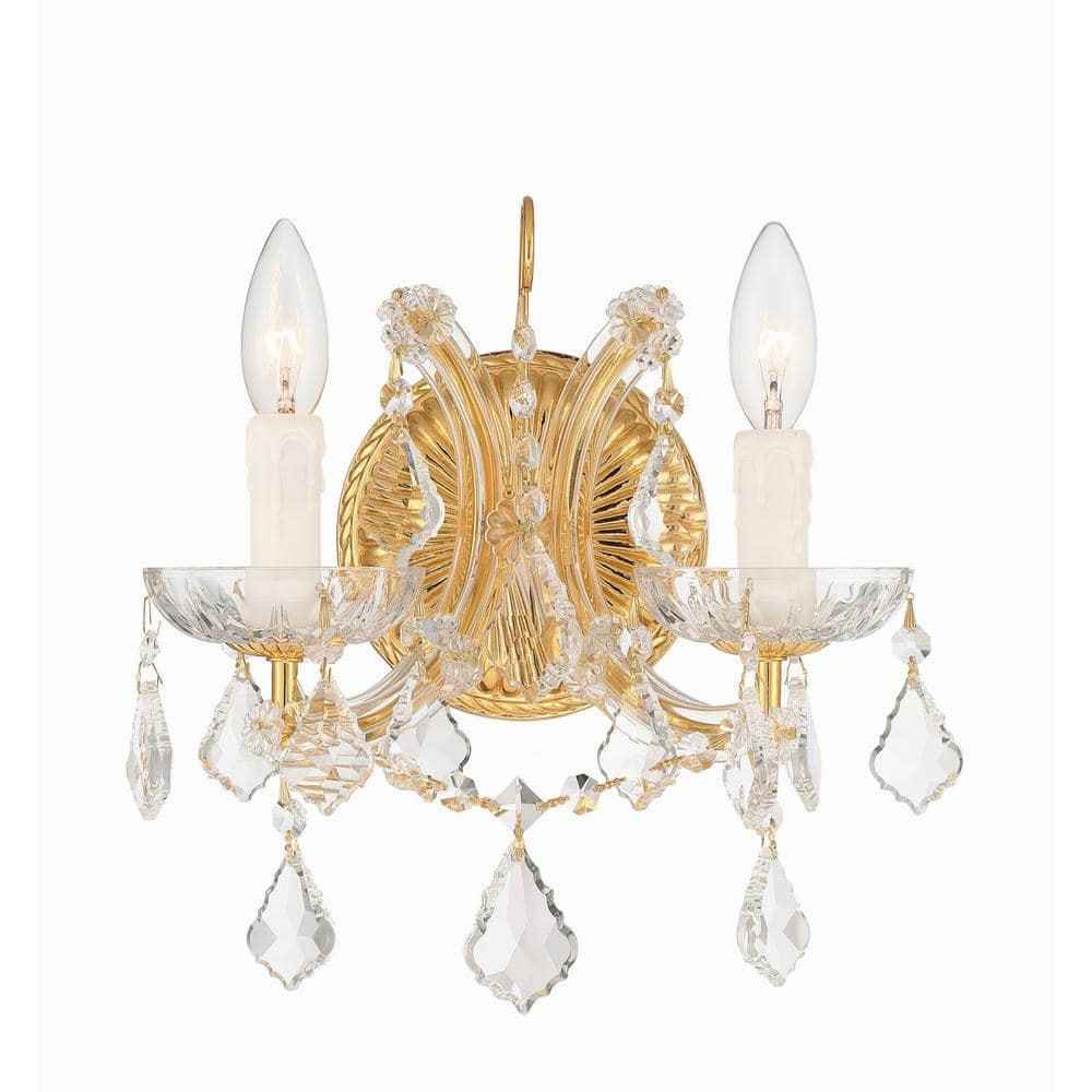 Elegant Gold 2-Light Wall Sconce with Clear Hand-Cut Crystals
