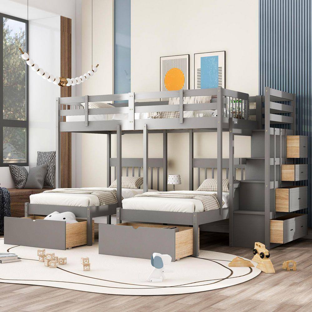 Nestfair Gray Full Over Twin Twin Bunk Bed, Wood Triple Size Bunk Bed ...