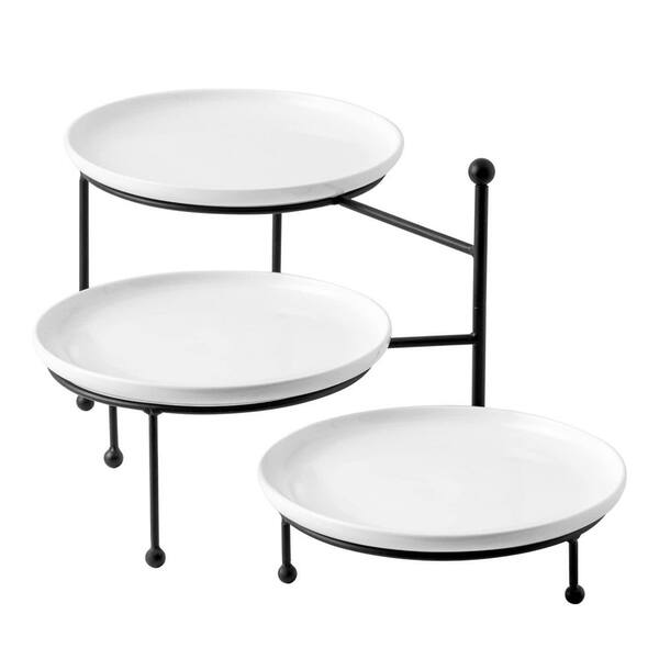 3 Tier White Porcelain Serving Stand with Black Wrought Metal Rack, 10 in Round Trays for Entertaining