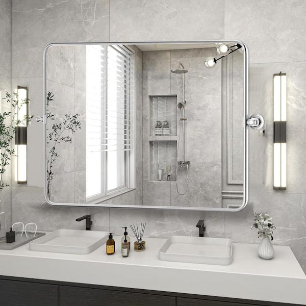 Sxiawe 30 in. W x 40 in. H Modern Rectangular Silver Stainless Steel Frame Round Corner Adjustable Vanity Mirror Wall Mirror