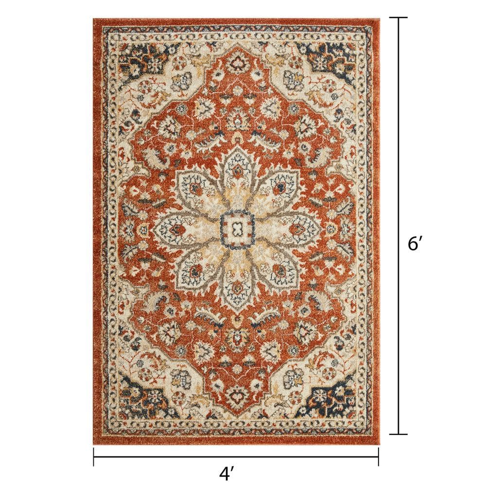 Red and Beige 4' x 6' Synthetic Oriental Area Rug