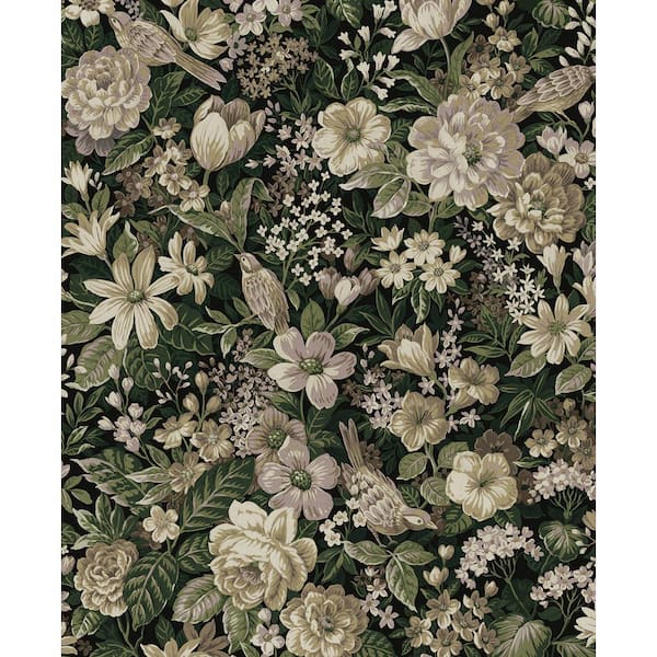 NextWall 15.38 sq. ft. Green and Mauve Vintage Bird Garden Vinyl Peel and Stick Wallpaper Roll