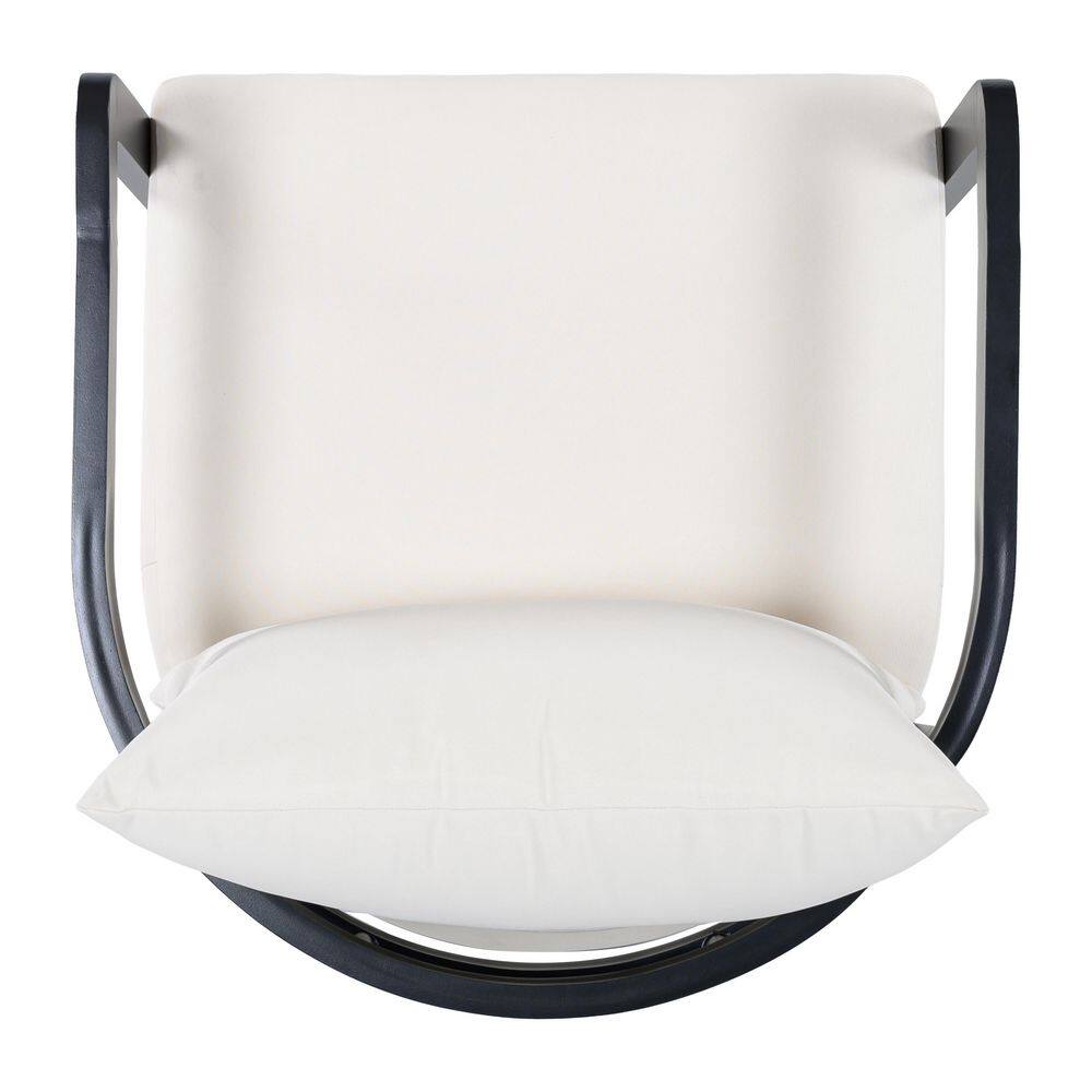 Top-down view of a black outdoor club chair with white cushions.