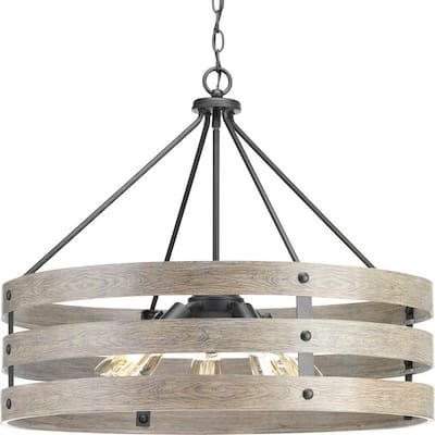 Gulliver 27-3/4 in. 5-Light Graphite Farmhouse Drum Pendant with Weathered Gray Wood Accents for Dining Room