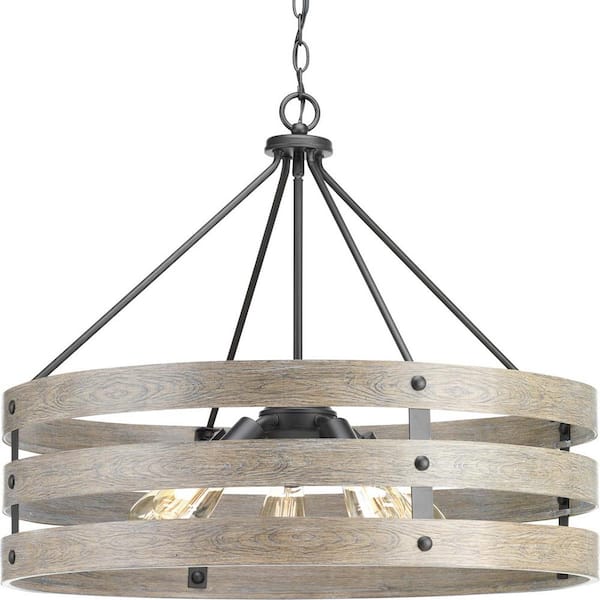 Progress Lighting Gulliver 27-3/4 in. 5-Light Graphite Farmhouse Drum Pendant with Weathered Gray Wood Accents for Dining Room