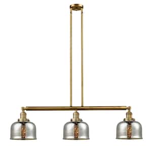 Bell 3-Light Brushed Brass Island Pendant Light with Silver Plated Mercury Glass Shade