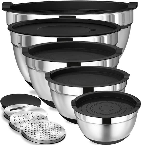 Black Mixing Bowls with Airtight Lids Set, Stainless Steel Nesting Bowls with Grater Attachments, Silicone Botton