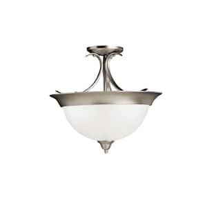 Dover 15.5 in. 3-Light Brushed Nickel Hallway Transitional Semi-Flush Mount Ceiling Light with Etched Seeded Glass
