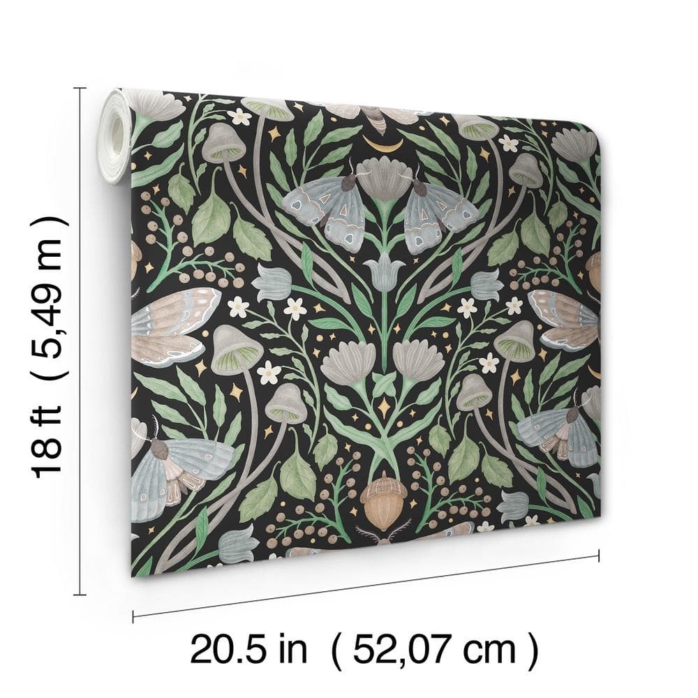 Black Damask Peel and Stick Wallpaper with Forest Design