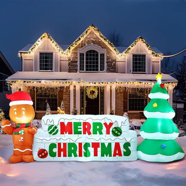Joyfy 3.6 ft. Tall 10 in. Width Green, White & Brown Plastic Merry Christmas with Tree & Gingerbread Man Inflatable