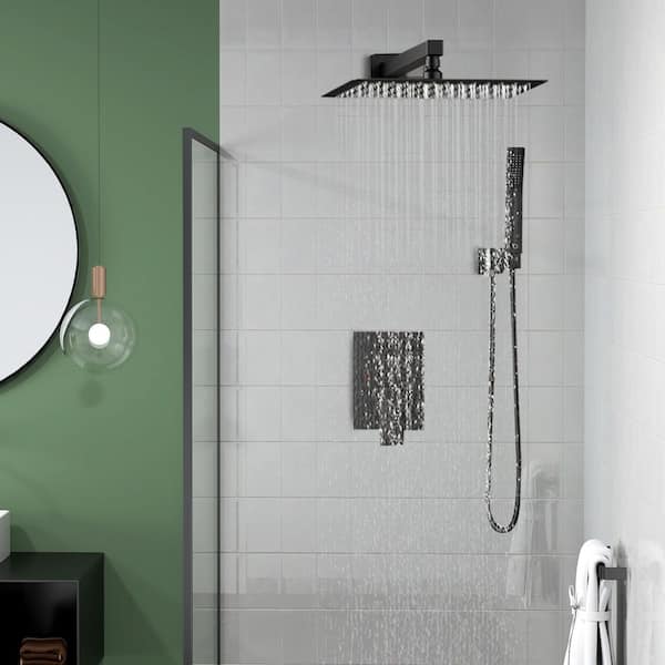 12 in. 2-Jet High-Pressure Mixer Set Rainfall Shower System w/Wall Mount Handheld Shower in Matte Black (Valve Included)