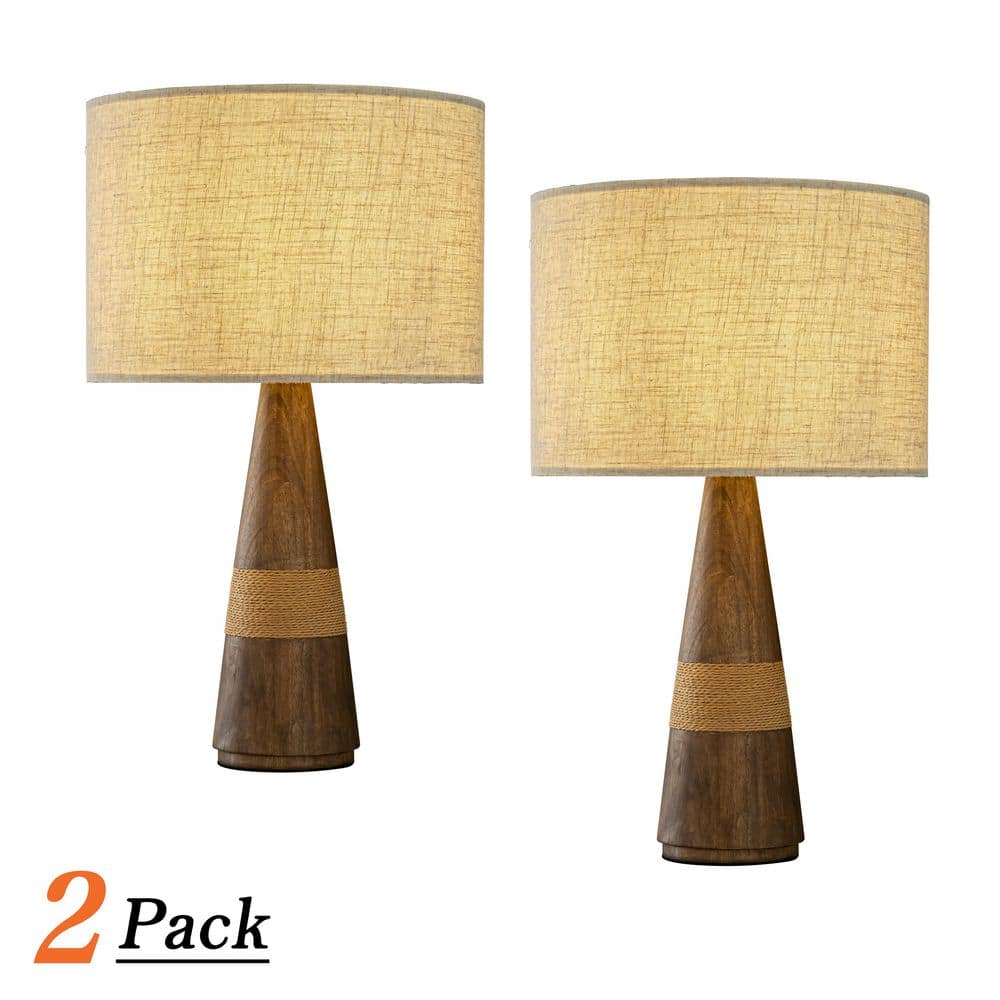 28 in. Farmhouse Honey Brown Wood Bedside Table Lamp Classic Drum Shape with Beige Fabric Shade for Bedroom (2Pack) price history on PriceWatchPro
