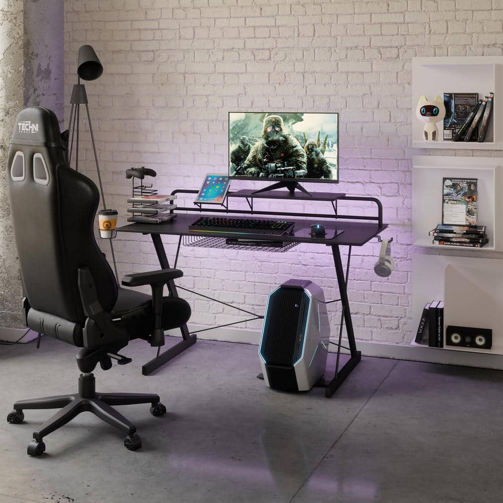 Black Carbon Fiber Gaming Desk with Drawer and Cup Holder