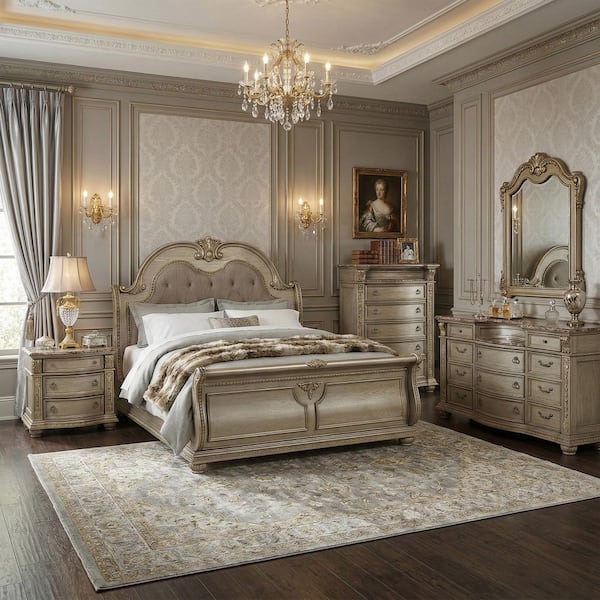 Rilon 4-Piece Gold Champagne Wood Queen Panel Bedroom Set with Genuine Marble Inset Tops