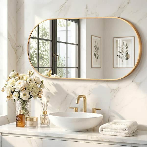 19.7 in. W x 39.4 in. H Oval Gold Decorative Aluminum Alloy Framed Wall Mirror