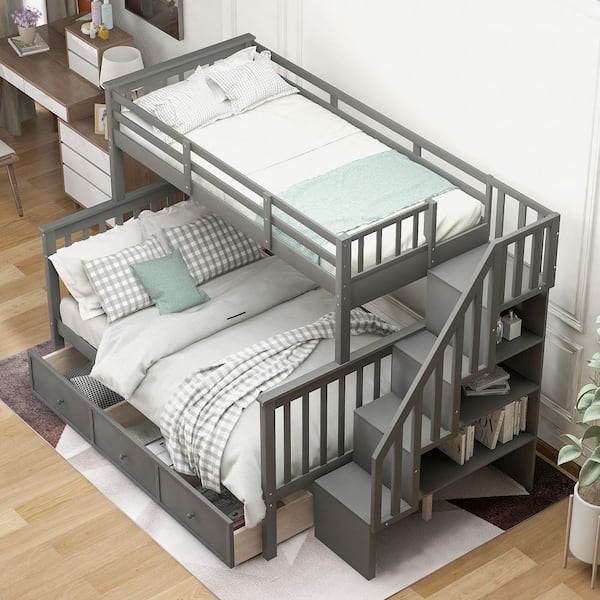 Gray Stairway Twin-Over-Full Bunk Bed with Drawer, Storage and Guard Rail for Bedroom, Dorm, for Adults