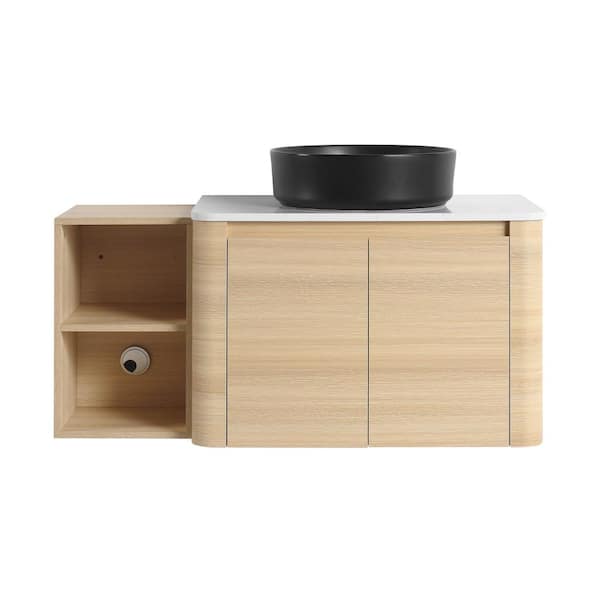 42 in. Wall-Mounted White Oak Bath Vanity with White Engineered Stone Top, Black Sink, Storage Shelves Unassembled