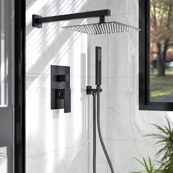 Single-Handle Rain 2-Spray Square 10 in. Dual Shower Head Fixed and Handheld Shower Head in Matte Black